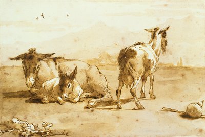 Two Donkeys and a Goat in a Landscape by Giovanni Domenico Tiepolo